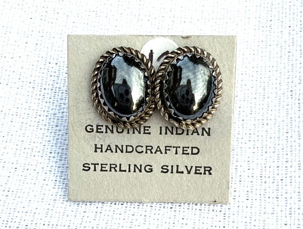 Vintage Navajo Sterling 925 Hematite Oval Rope Border Stud Earrings, Signed "H"